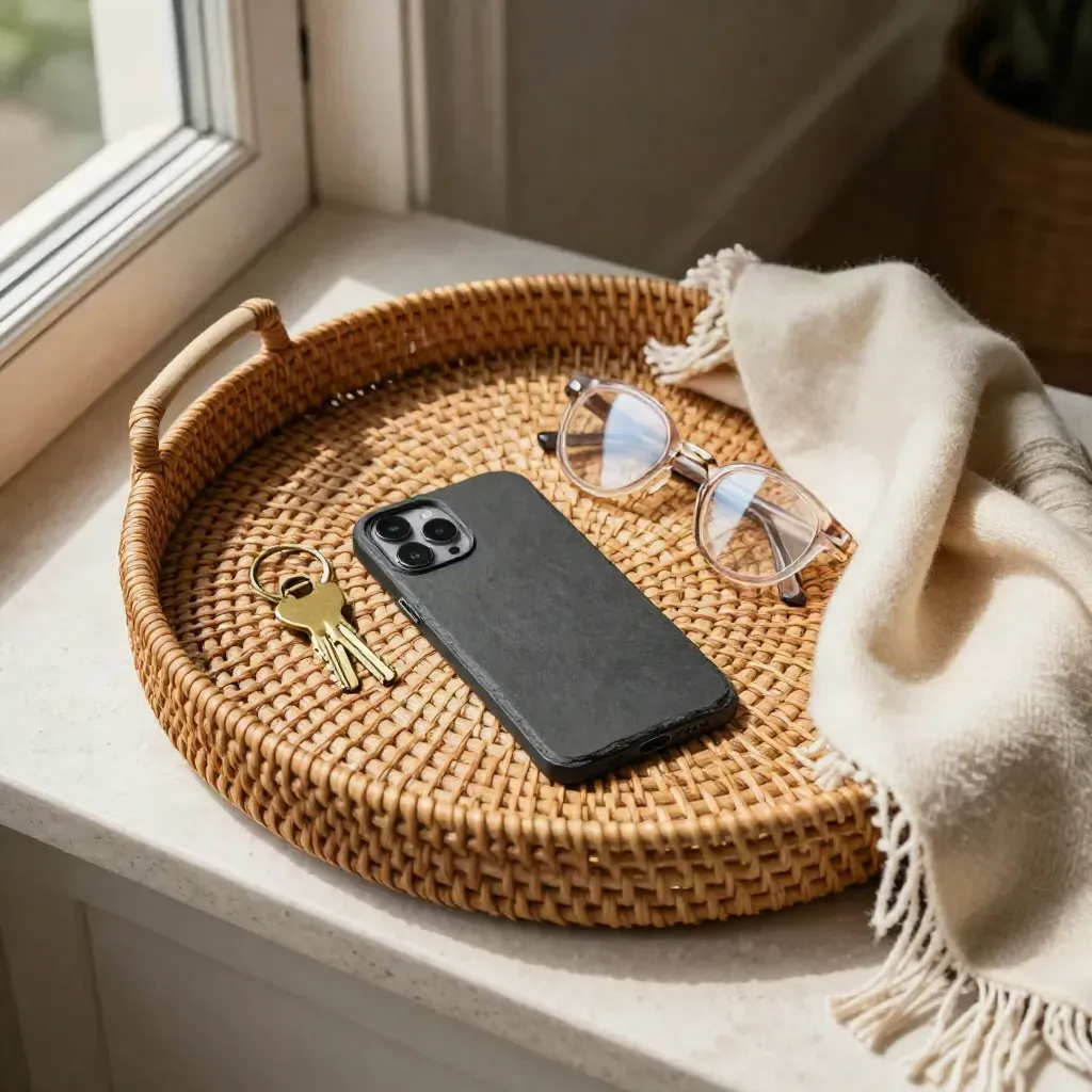 Top-down entry tray with a face-down phone, keys, glasses, and folded scarf in cool morning light.
