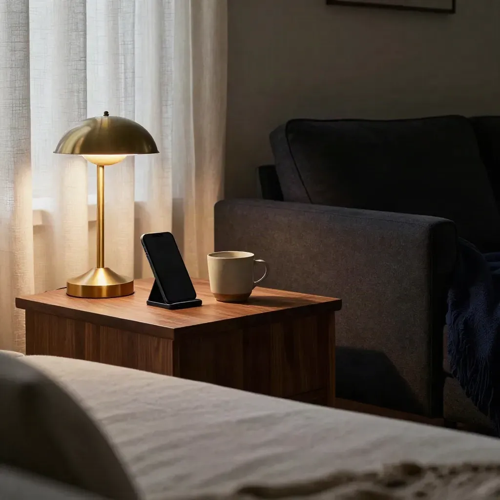 Dark living room with a face-down phone dock, glowing lamp, curtains and cooling mug.