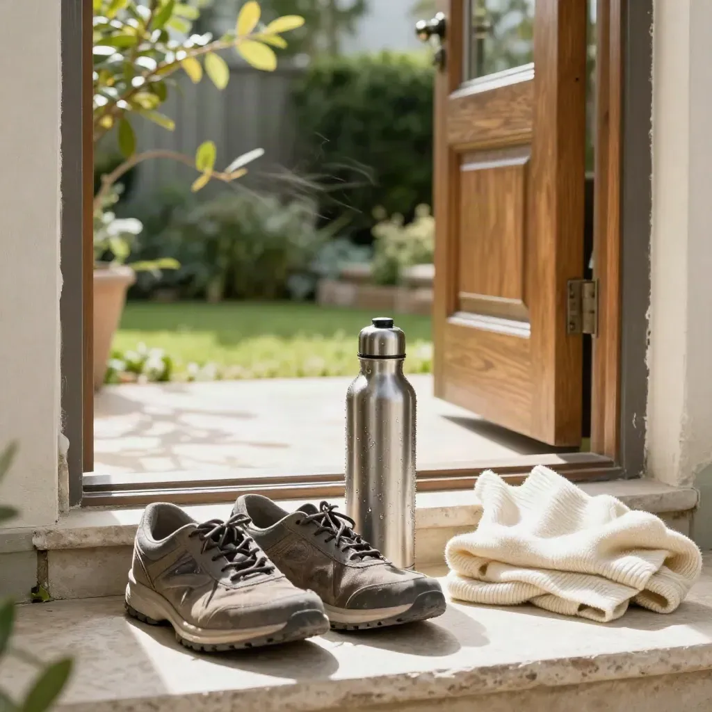 Walking shoes, water bottle and folded sweater by an open back door, garden light shimmering beyond.