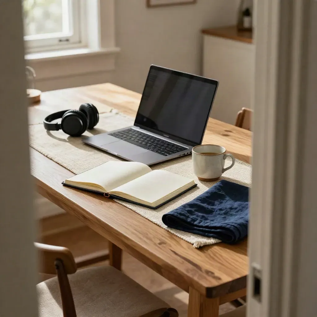 Sunlit work table with closed laptop, open notebook, headphones and cup by a doorway