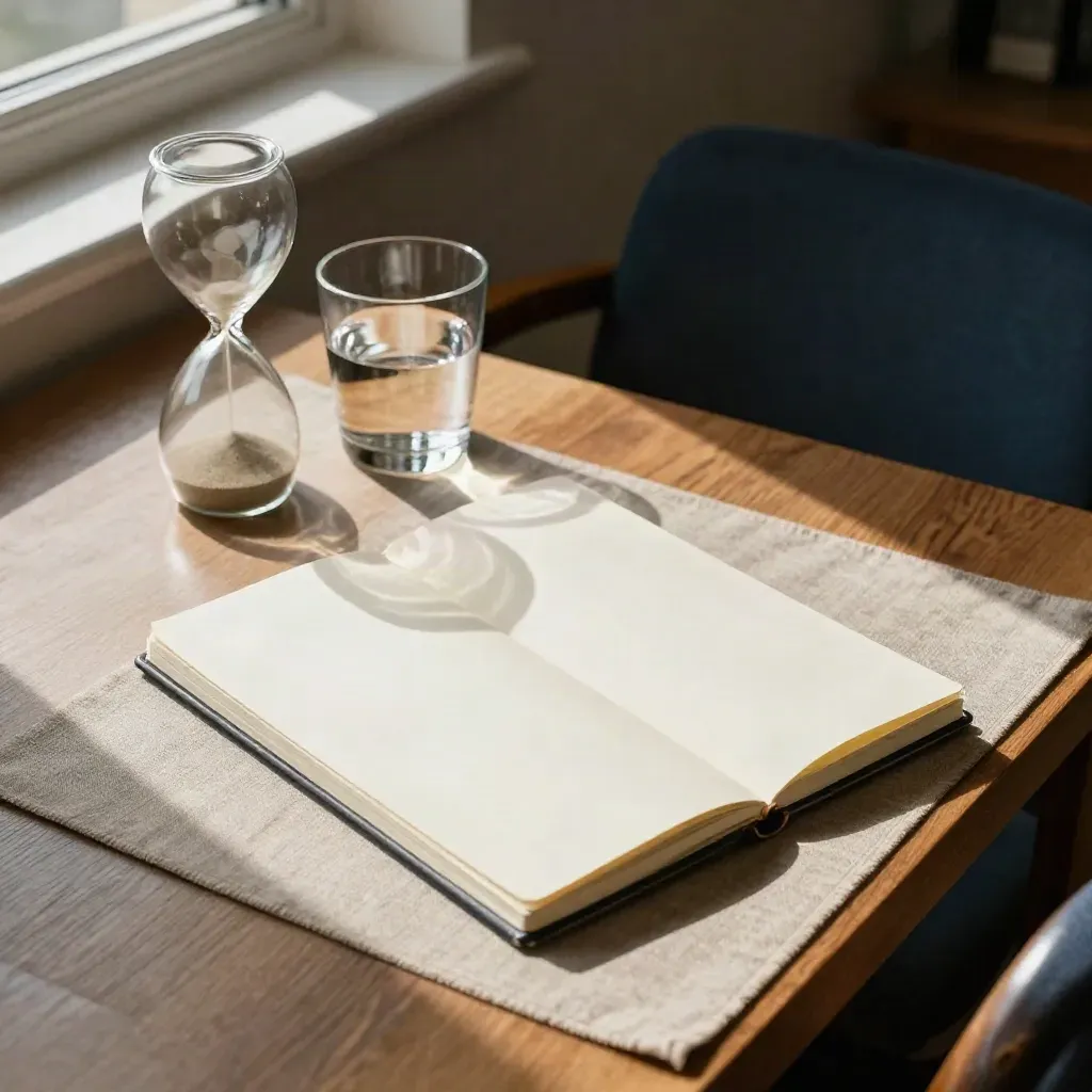 Overhead study desk with notebook, hourglass, water glass and navy chair by window.