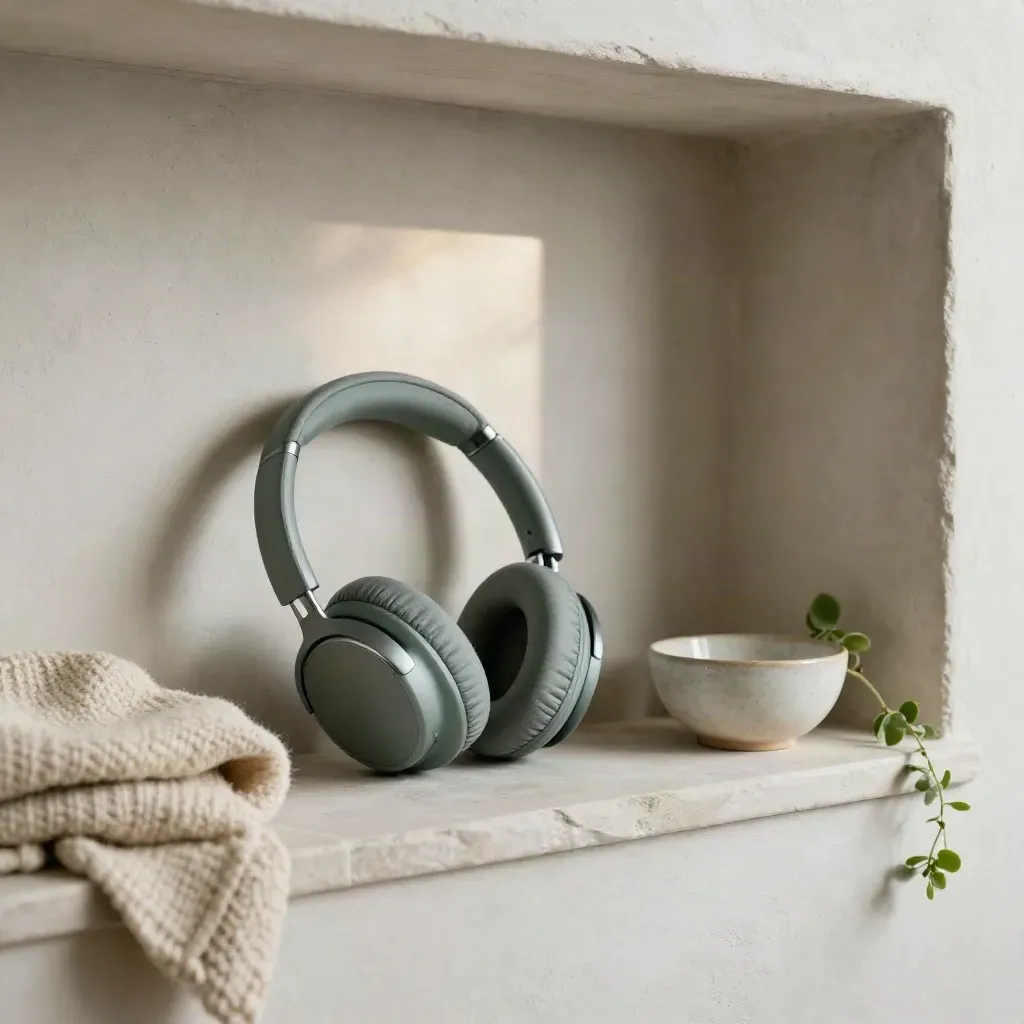 Headphones, folded sweater, bowl, and trailing plant in a quiet shelf niche with soft window light.